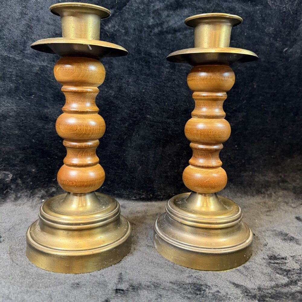 Candlesticks Pair of Brass and Wood Candle Holders 10”x 4” Round Bases Felt MCM